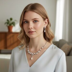 Elegant Silver and Pearl Necklace and Earring Set